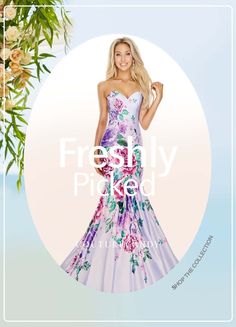 Bloom with loveliness in this floral print from Rachel Allan 7073. This sleeveless beauty comes with a sweetheart neckline, floral prints all over, mid-open back, dropped waist, and a zipper closure. The skirt is fashioned in a trumpet silhouette, featuring a court train. You will definitely make a statement in every occasion. Drop Waist, Floral Printed