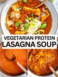 vegetarian protein lasagna soup in a white bowl