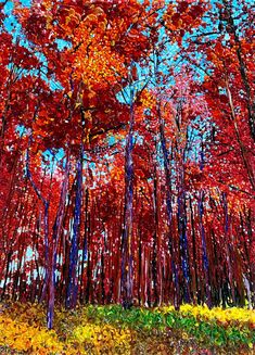 an oil painting of trees with red leaves