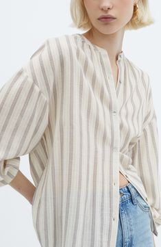 Muted stripes complement this crisp button-up shirt cut from lightweight cotton and updated with a band collar and airy balloon sleeves. Front button closure Band collar Long sleeves with button cuffs 100% cotton Machine wash, line dry Imported Balloon Sleeve Shirt, Band Collar, Cut Shirts, Balloon Sleeves, Striped Shirt, Cotton Shorts, Shirt Sleeves, Sleeve Shirt, Button Up Shirts