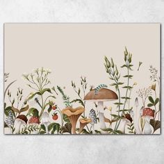 a painting of mushrooms and plants on a white background