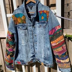 Custom Jean Jacket Made to Order Hippie Boho Embellished Colorful Denim Jean Jacket - Etsy Bohemian Denim Outerwear With Pockets, Bohemian Winter Outerwear With Patches, Hippie Spring Outerwear With Patchwork, Casual Denim Festival Outerwear, Casual Denim Outerwear For Festival, Bohemian Denim Jacket For Fall, Bohemian Long Sleeve Outerwear With Patches, Spring Hippie Denim Jacket, Hippie Style Outerwear For Spring Festival