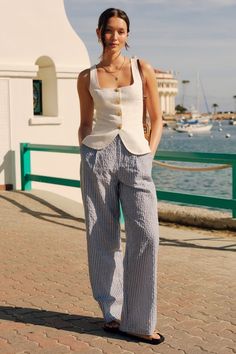 Breezy Direction Blue and White Striped High-Rise Wide Leg Pants Blue And White Pants Outfit, Blue White Striped Pants Outfit, Chic Cotton Bottoms For Day Out, Chic Cotton Pants For Daywear, White And Blue Striped Pants Outfit, Chic Blue Linen Pants, Chic Blue Linen Bottoms, Blue Striped Pants, Stripe Pants