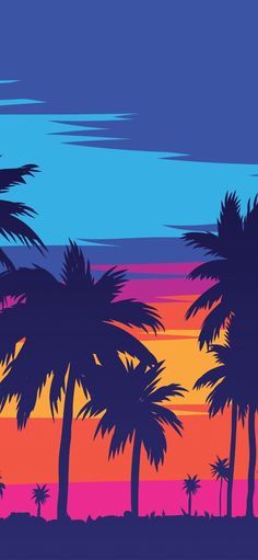 palm trees are silhouetted against an orange, pink and blue sunset in the background