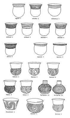 various types of vases and bowls with their names in black ink on white paper