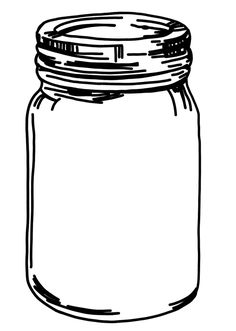 a black and white drawing of a mason jar with clippings on the lid