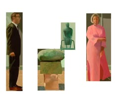 two people standing next to each other in front of some sculptures and one person wearing a suit