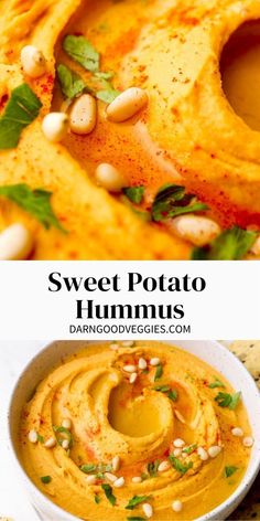 sweet potato hummus in a white bowl with garnish