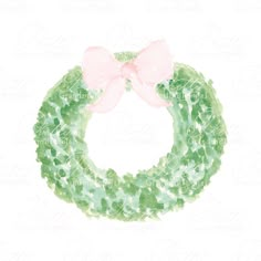 a watercolor painting of a green wreath with pink bow on the front and back