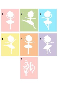 four different color squares with the silhouettes of ballet dancers in various colors and sizes