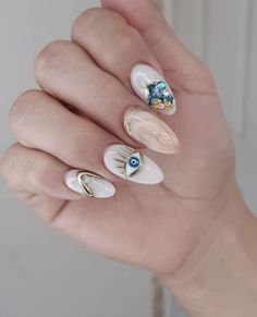 Evil Eye Nail Designs, Acrylic Nails Kylie Jenner, Evil Eye Nail, Evil Eye Nails, Eye Nail Art, Acrylic Nail Shapes, Wow Nails, Gel Nail Art Designs, Vintage Nails