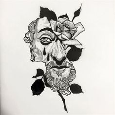 a black and white drawing of a man's face with roses on his head