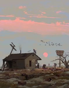 an old house in the middle of nowhere with birds flying over it and a sunset