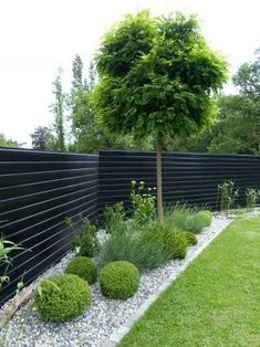 a black fence and some bushes in the yard