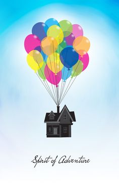 a house with balloons floating in the air over it's roof, and text saying spirit of valentine