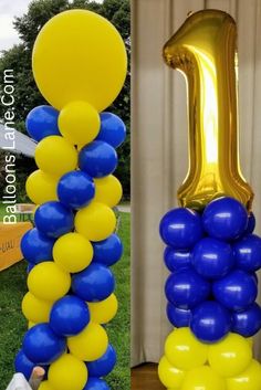 the balloon columns are decorated with blue and yellow balloons