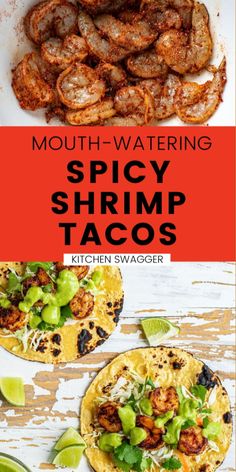 the cover of mouth watering spicy shrimp tacos