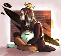 a drawing of a person sitting on the ground with a teddy bear wearing a crown