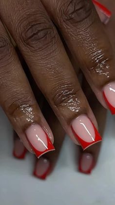 Simple Red French Tip Nails, Red Medium Nails Acrylic, 777 Angel Number Nails Design, Short Square Red French Tip Nails, Short Nails Christmas Ideas, Red Bottom Nails Short, December Nails Short Square, December Square Nails, Birthday Red Nails