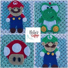 crocheted stuffed animals made to look like mario and luigi's mushroom house