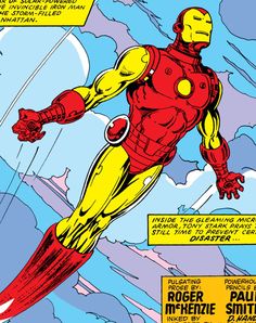 an iron man flying through the air with his arms out and legs spread wide, in front of clouds