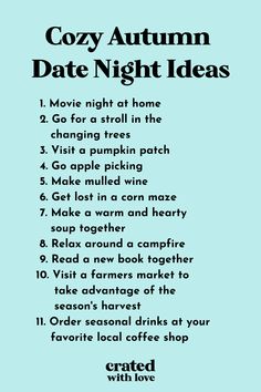 a blue poster with the words cozy autumn date night ideas