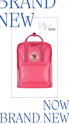 a pink bag with the words brand new on it and an image of a red backpack