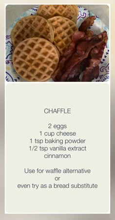 waffles, bacon and eggs on a plate with text describing the ingredients for this recipe