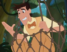 a man in a yellow shirt and bow tie standing on a rope net with his hands out