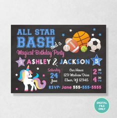 an all star bash birthday party with unicorn, basketball and stars on the chalkboard