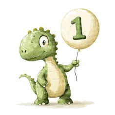 a green dinosaur holding a balloon with the number one on it