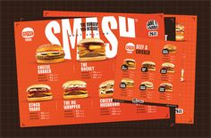 the menu for smush burgers is displayed on an orange background