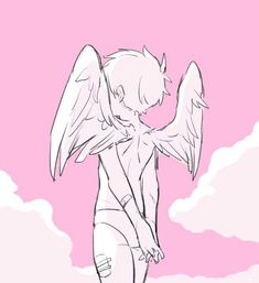 a drawing of an angel standing in front of a pink sky with clouds behind it