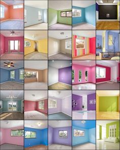 there are many different colored rooms in this photo collage, each with doors and windows