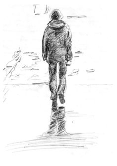 a drawing of a man walking on the beach with his back turned to the camera