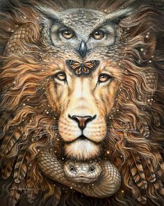 a painting of a lion with a snake in its mouth and a butterfly on it's head