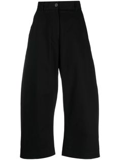 black cotton matte finish drop crotch belted waist wide leg concealed fly and button fastening two side slash pockets two rear patch pockets Cotton Trousers Women, Black Trousers Women, Ultimate Capsule Wardrobe, Black Wide Leg Trousers, Studio Nicholson, Cotton Trousers, Pants Outfit, Wide Leg Trousers, Cropped Pants