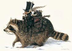 a raccoon is riding on the back of a man in a top hat