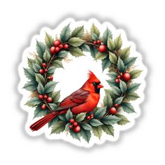 a cardinal bird sitting on top of a holly wreath with berries and leaves around it