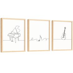 three framed art pieces depicting musical instruments and music notes on white paper, each with a single line drawing of a piano