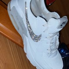 Stunning White On Grey With A Silver Rhinestone Nike Symbol Rhinestone Nike, Swarovski Nike, Nike Air Max 90s, Glitter Pillows, Nike Symbol, Air Max 90s, Nike Air Max White, Athleisure Style, Shoes Diy