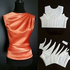 three different views of an orange top on a mannequin