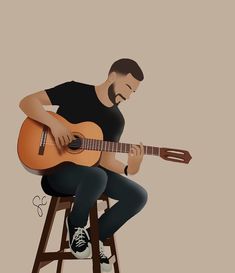 a man sitting on a stool playing an acoustic guitar