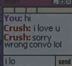 a screen shot of an old movie with the words you hi crush i love u crush sorry wrong convo lo