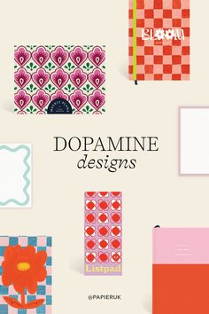 an assortment of paper goods with the words dopamine designs on them in different colors