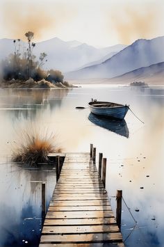 a painting of a boat docked at the end of a wooden dock with mountains in the background