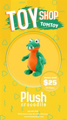 the toy shop flyer is shown with an image of a stuffed animal in orange and green