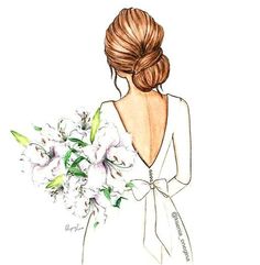 a drawing of a woman in a white dress holding a bouquet of flowers and wearing a bow