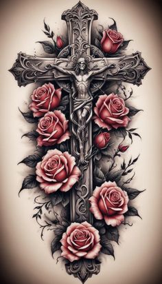 a cross with roses on it is shown in this tattoo art design by artist mark stewart