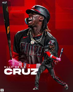 a man holding a baseball bat in his right hand and wearing a black uniform with the word cruz on it